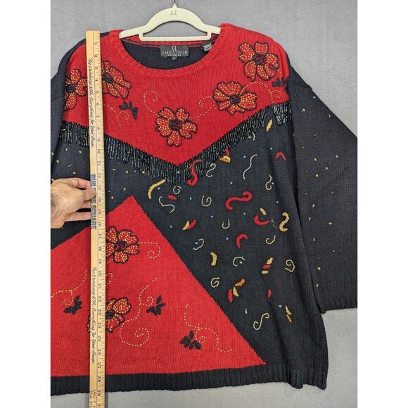Carole Little Sweater Women's Large Red Black Breaded Fringe Embroidered Vintage - Picture 6 of 8